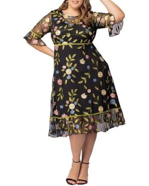 Kiyonna Plus Size Wildflower Embroidered Floral Mesh Dress - Black