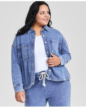 And Now This Plus Size Faux-denim Knit Button-front Shacket - Blue