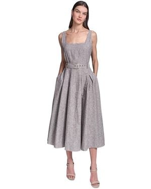 KARL LAGERFELD Fit And Flare Belted Midi Linen Dress - Gray