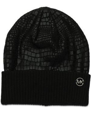 Michael Kors Michael Logo Charm Ribbed Trim Croc-embossed Beanie - Black