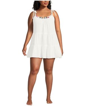 Lands' End Plus Size Cotton Gauze Tiered Mini Cover-up Dress - White