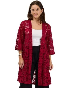 24seven Comfort Apparel Lace Floral-print 3/4-sleeve Jacket - Red
