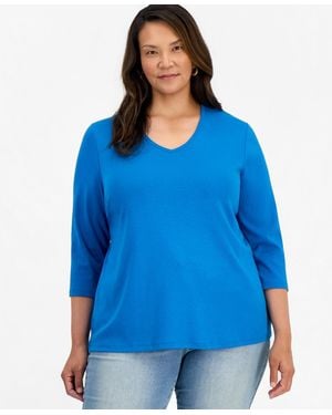 Style & Co. Plus Size Cotton V-neck 3/4-sleeve Top - Blue
