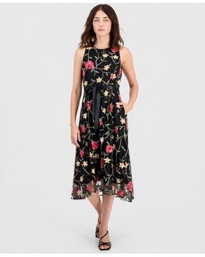 Tahari Embroidered Belted Sleeveless Dress - Black
