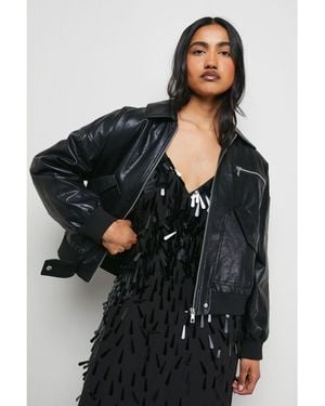 Warehouse Faux Leather Distressed Bomber Jacket - Black
