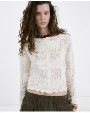 Mango Openwork Detail Knit Cardigan - White