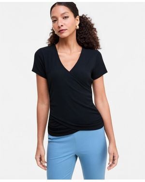 INC International Concepts Short Sleeve Rib Knit Faux Wrap T-shirt - Black