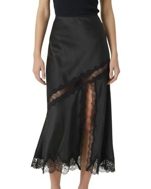 Modenaire Lace-trim Asymmetric Satin Midi Skirt - Black