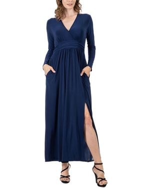 24seven Comfort Apparel Long Sleeve V-neck Side Slit Maxi Dress - Blue