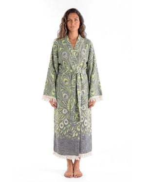 Tutunaki Pia Handwoven Jacquard Printed Fringed Festival Robe - Green