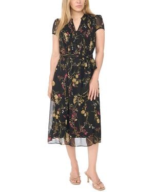 Msk Petite Pintuck Floral-print A-line Midi Dress - Black