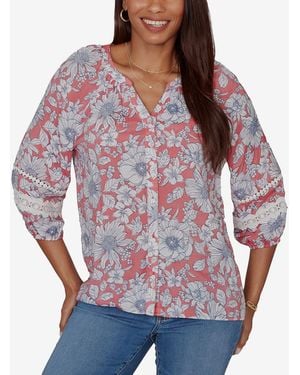 Ruby Rd. Petite Floral Silky Gauze Peasant Button-front Top - Red