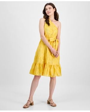 Anne Klein Jacquard One-shoulder Belted Dress - Yellow