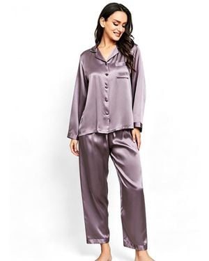 SILKSILKY Long Sleeve Button-up Satin Pajama Set - Black