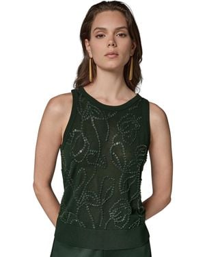 Donna Karan Beaded Crewneck Sleeveless Tank - Green