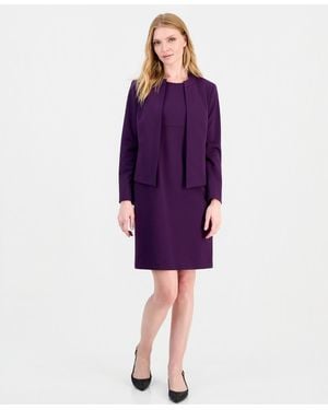 Le Suit Empire Waist Seam Crewneck Jacket And Dress - Purple