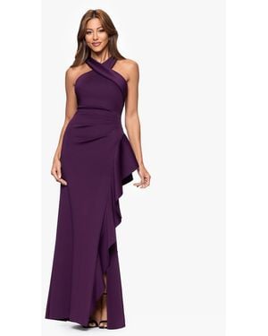 Xscape Crisscross Halter Side-ruffled Gown - Black