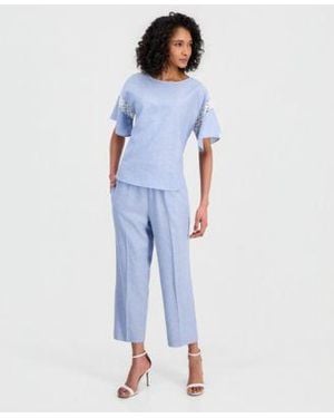 Anne Klein Linen Blend Flutter Sleeve Lace Trim Top Drawstring Pants - Blue