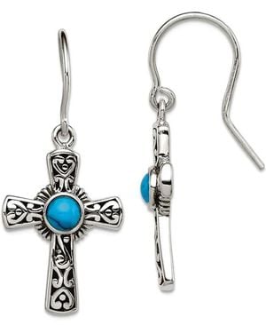 Curata Jewelry 925 Sterling Silver Antiqued Simulated Turquoise Cross Hook Dangle Earrings 33x16mm - White