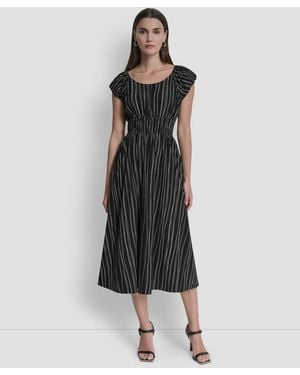 DKNY Short Puff-sleeve Striped Jewel Neck Midi Dress - Black
