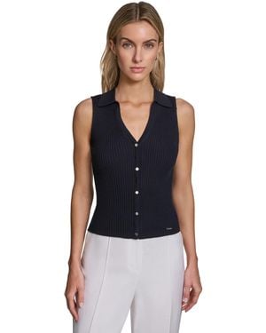 Calvin Klein Sleeveless Button-front Collared Sweater - Blue