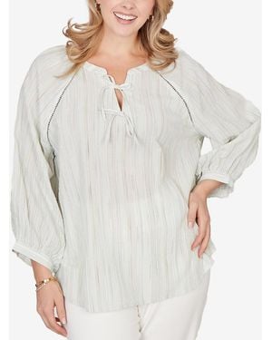 Ruby Rd. Plus Size Crinkle Stripe Tie Front Peasant Top - Gray