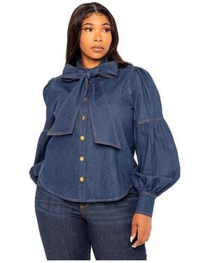 Buxom Couture Plus Size Bow Neck Puff Sleeve Denim Blouse - Blue