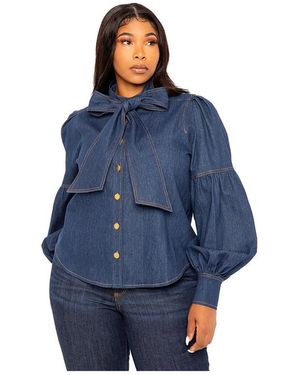 Buxom Couture Plus Size Bow Neck Puff Sleeve Denim Blouse - Blue
