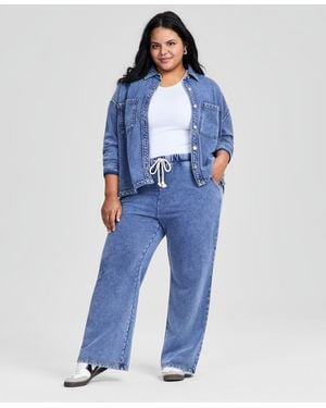 And Now This Plus Size Faux-denim French Terry Wide-leg Pants - Blue