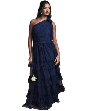 Oasis Pleated One Shoulder Tiered Maxi Dress - Blue