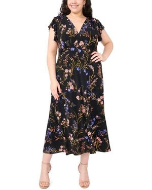 Msk Plus Size Floral Print V-neck Midi Dress - Black