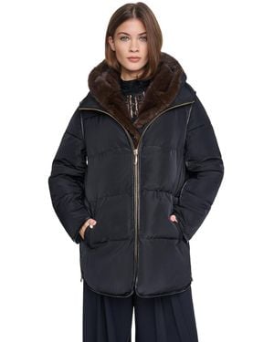 Halston Faux Fur Bibbed Hooded Puffer - Blue