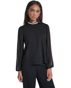 KARL LAGERFELD Long Sleeve Pearl-embellished Crewneck Blouse - Black