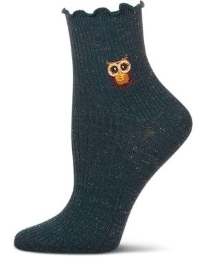Memoi Ribbed Cotton Blend Lettuce Edge Embroidered Owl Crew Sock - Blue