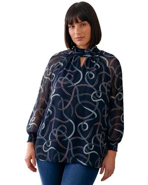 Avenue Plus Size Ruched Keyhole Sheer Tunic - Blue