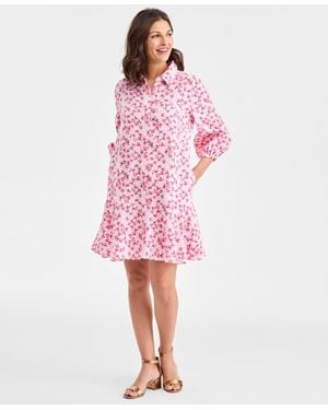 Charter Club 100% Linen Tile Button-front 3/4-sleeve Dress - Pink