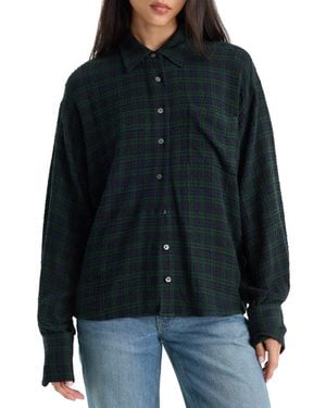 GOOD AMERICAN Crinkle Easy Plaid Collared Shirt - Black