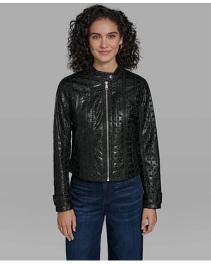 KARL LAGERFELD Faux Leather Eyelet Zip Front Jacket - Black