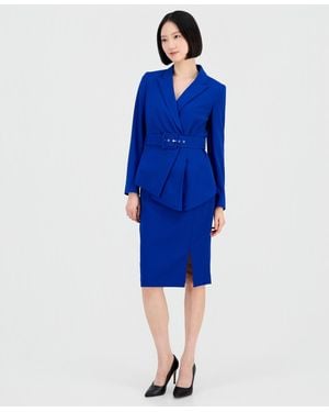 Tahari Asymmetrical Belted Jacket & Pencil Skirt Suit Set - Blue