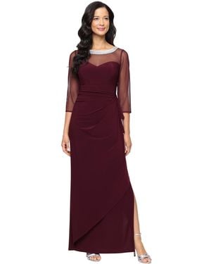 Alex Evenings Embellished-neck Side-ruched Illusion Dress - Red