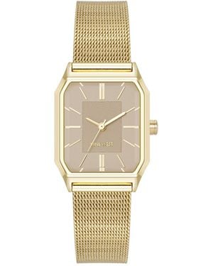 Nine West Quartz Faceted Tan And Gold-tone Stainless Steel Mesh Watch - Metallic