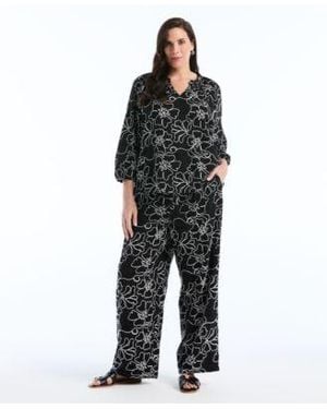 Rafaella Plus Size Floral Embroidered 3 4 Sleeve Blouse Floral Embroidered Drawstring Pants - Black