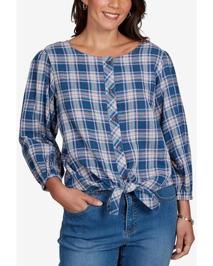 Ruby Rd. Petite Homestead Plaid 3/4-sleeve Button-front Top - Blue