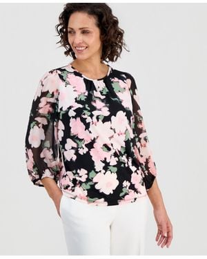 Kasper Floral-print 3/4-sleeve Top - White