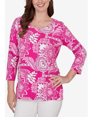 Ruby Rd. Petite Tropical Patchwork Scoop Neck Knit Top - Pink