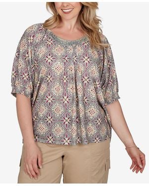 Ruby Rd. Plus Size Desert Geo Print Lace Trim Knit Top - Gray