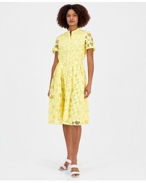 Tahari Lace Button-front Short-sleeve Dress - Yellow