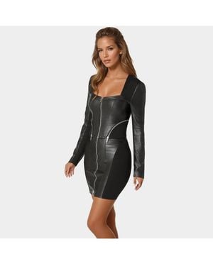 Bebe Zip Front Faux Leather Pdr Combo Top - Black