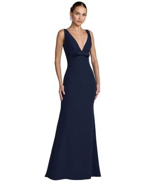 Mac Duggal Petite Crepe Sleeveless V Neck Sheath Gown With Bow - Blue