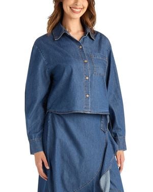 Bcx Long-sleeve Collared Crop Top - Blue